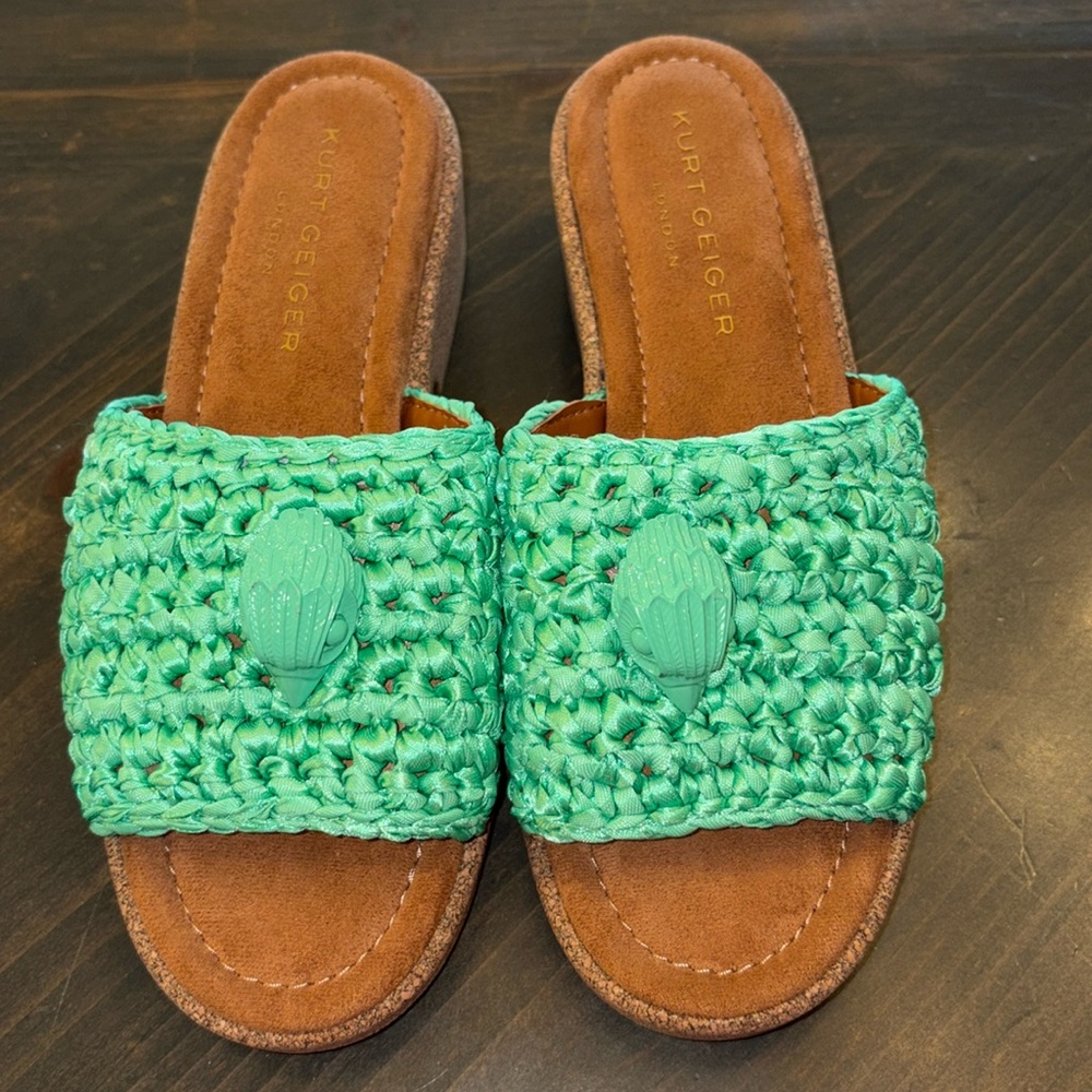 Kurt Geiger Turquoise Crochet Eagle Cork Wedge Slip On Slide Sandal Size 8.5 NWT